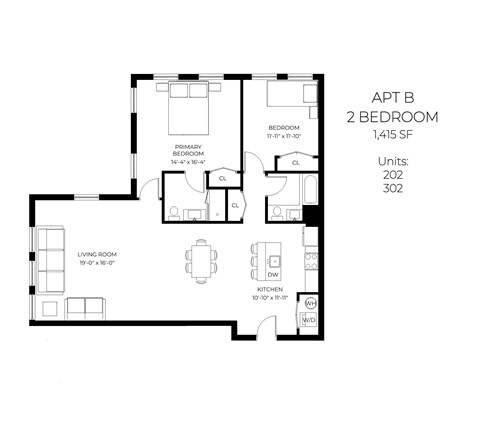 Floor plan for 2 beds, 2 baths, 1415 sqft